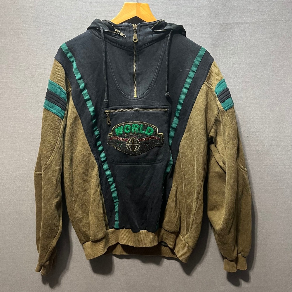 Todays News Vintage Mens World Winter Sports Quarter Zip Hoodie Brown Black M